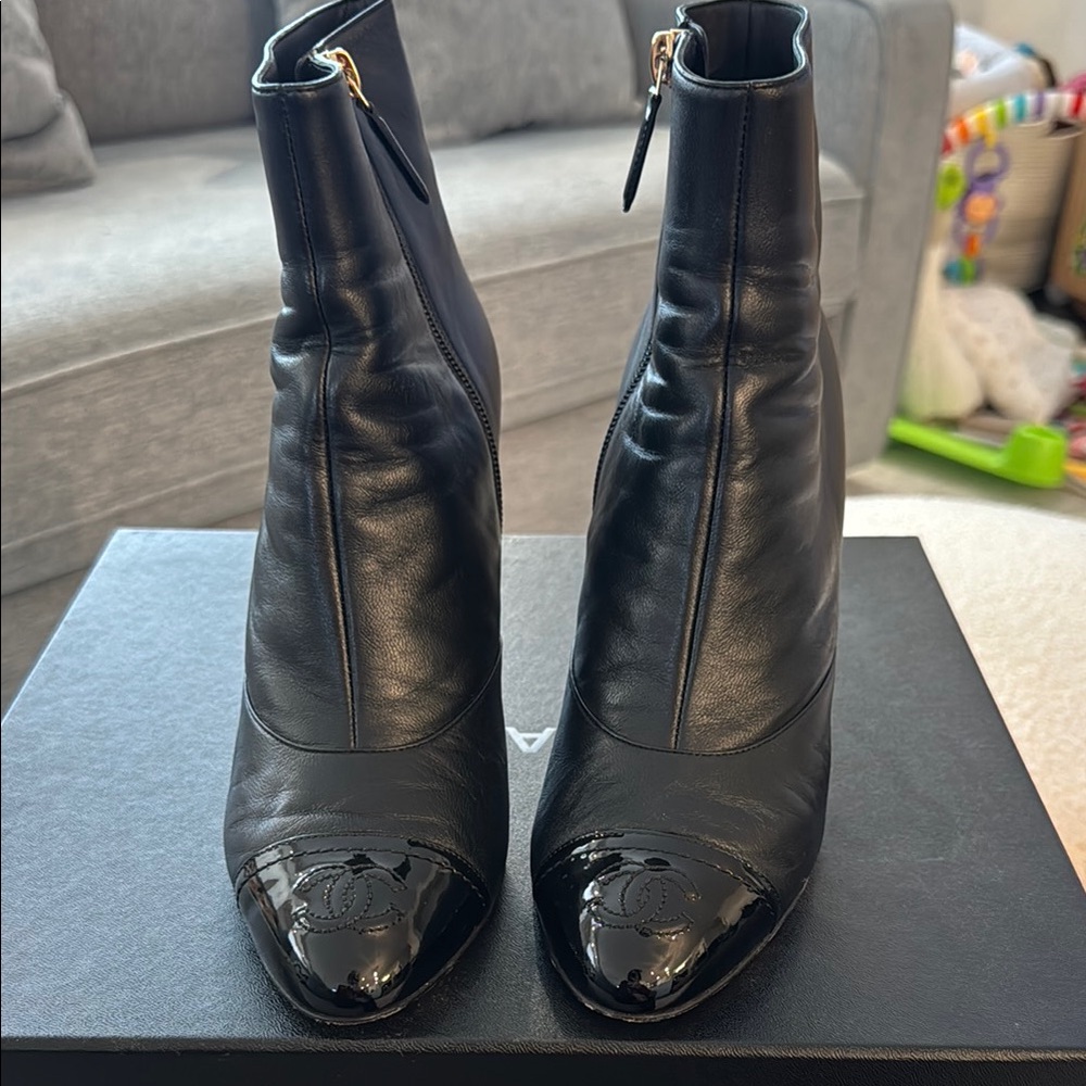 Chanel Black Leather Ankle Boots size 38.5